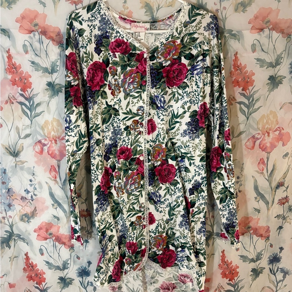 Vintage Floral Lace-Trim Long Sleeve Night Dress- Pink Floral